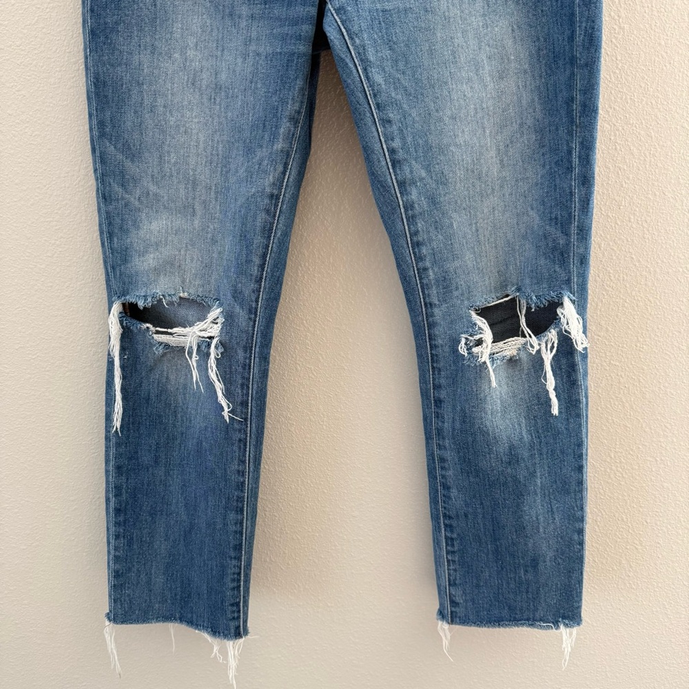 Madewell High Rise Slim Boy Distressed at Knees Raw Hem Blue Jeans 27 - Picture 2 of 7